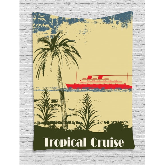 Cruise Ship Tapestry, Traveling to an Exotic Island Tropical Cruise Themed Grunge Aged Advertisement, Wall Hanging for Bedroom Living Room Dorm Decor, 60W X 80L Inches, Multicolor, by Ambesonne