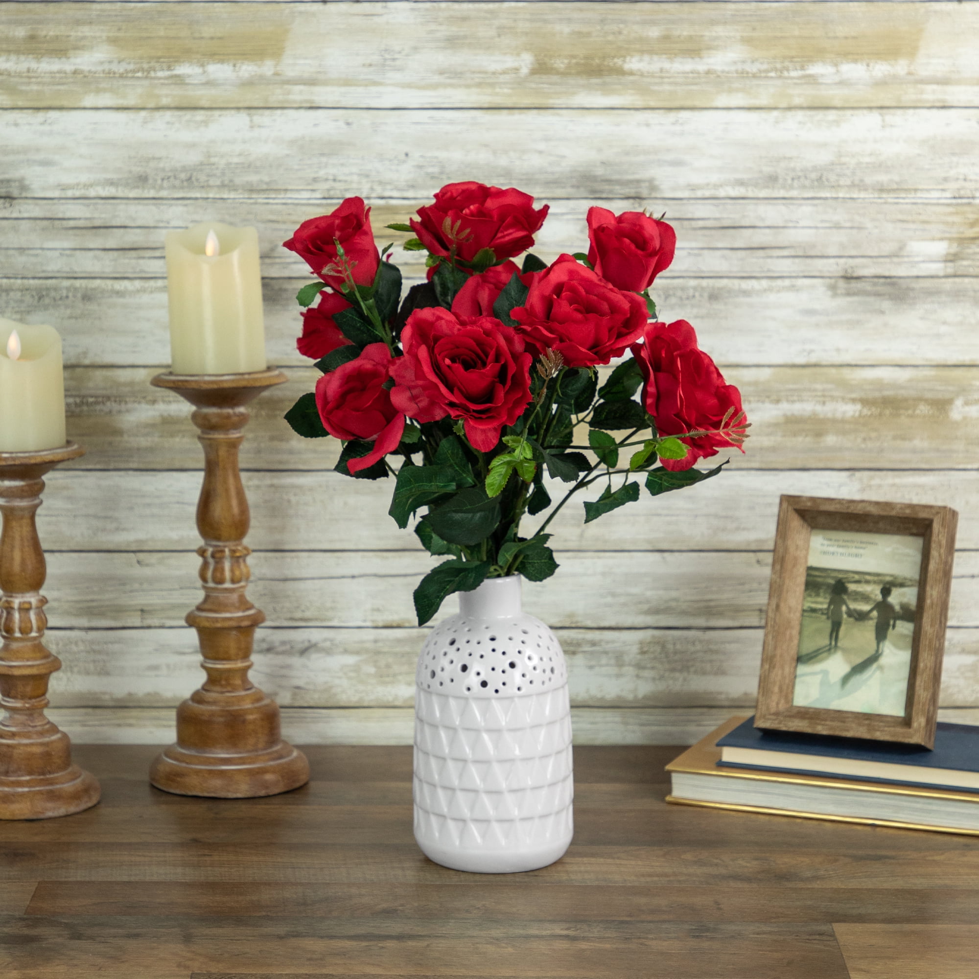 18" Red Artificial Floral Rose Bush