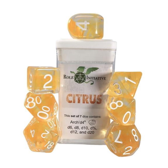 Role 4 Initiative Polyhedral Dice - Citrus w/White, Arch'd4 (7) New