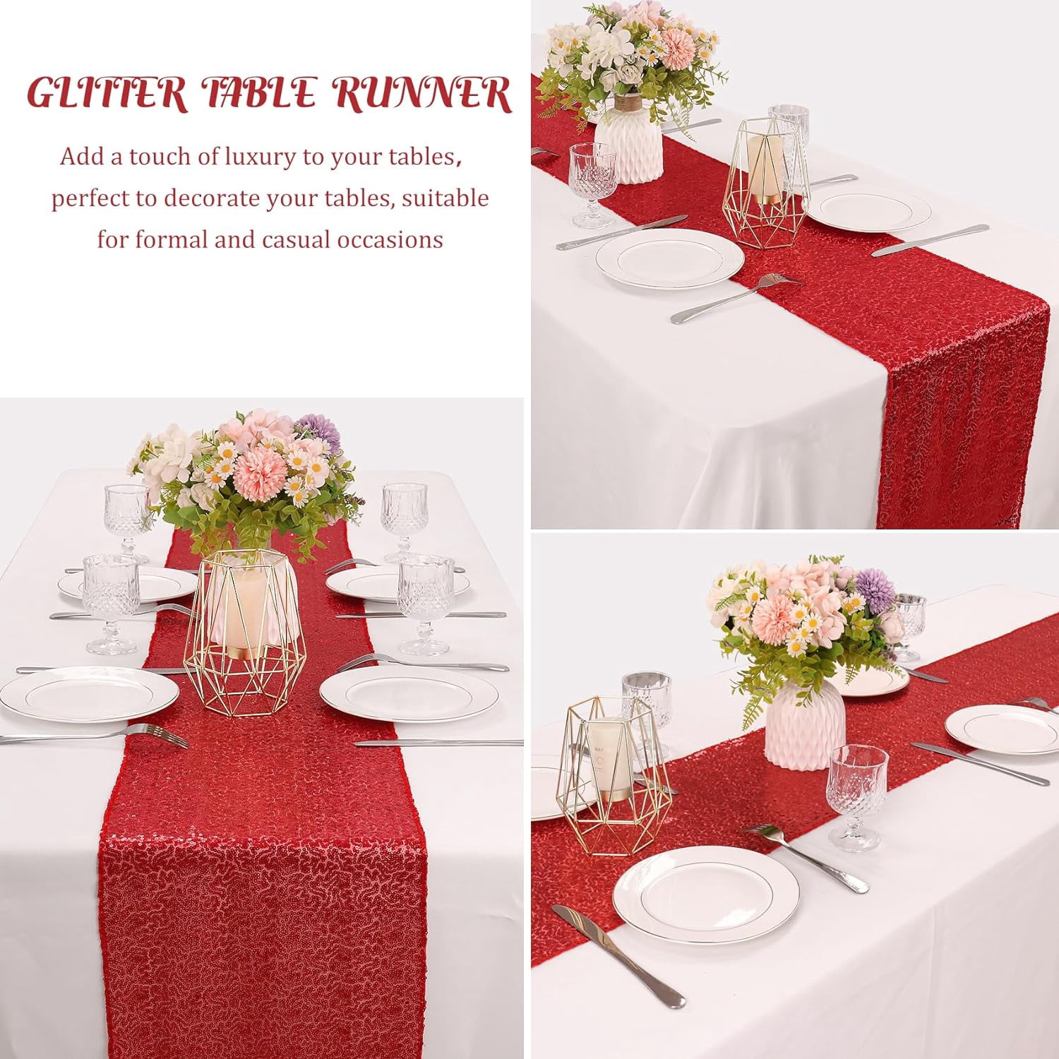 6 Pack Red Sequin Table Runners 12" x 72" Sparkle Sequin Table Cloths for Wedding Party Banquet Bridal Shower Decorations