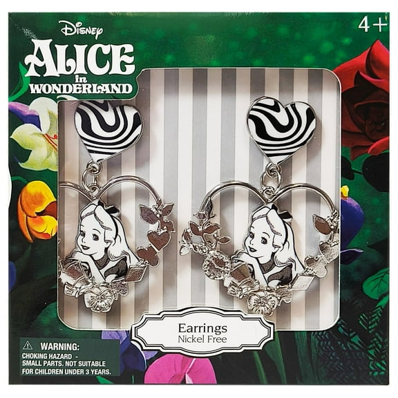 LUV HER Disney Alice in Wonderland Nickel-Free Earrings – Heart-Shaped Floral Charm Dangle Earrings for Girls – Featuring Alice and Wonderland Inspired Design – Hypoallergenic Jewelry for Ages 4 