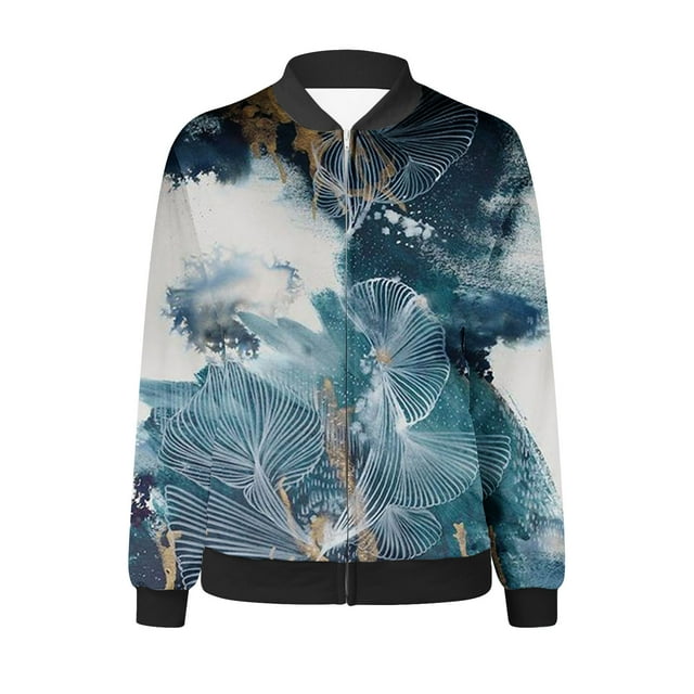 Pisexur Veste de Baseball pour Femmes Plus Cardigan Kimono Léger à Fleurs Imprimé Manches Longues Zip Veste Bomber