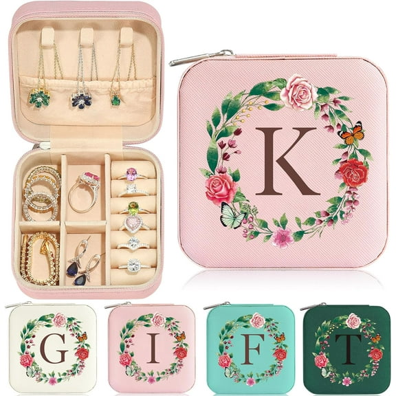 Gift For Women Girl - Teenage Girl Gift Idea Tween Teen Girl Gift | Initial Travel Jewelry Case | Small Jewelry Box Women Girl | Birthday Gifts Mom Friend Sister Her - Letter K, Pink[Z2864]