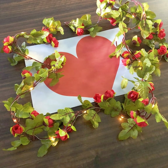 Artificial Rose Flower Vine with Fairy Light,Battery Powered Rose Vine Garland Light for Valentines Christmas Party Decoration