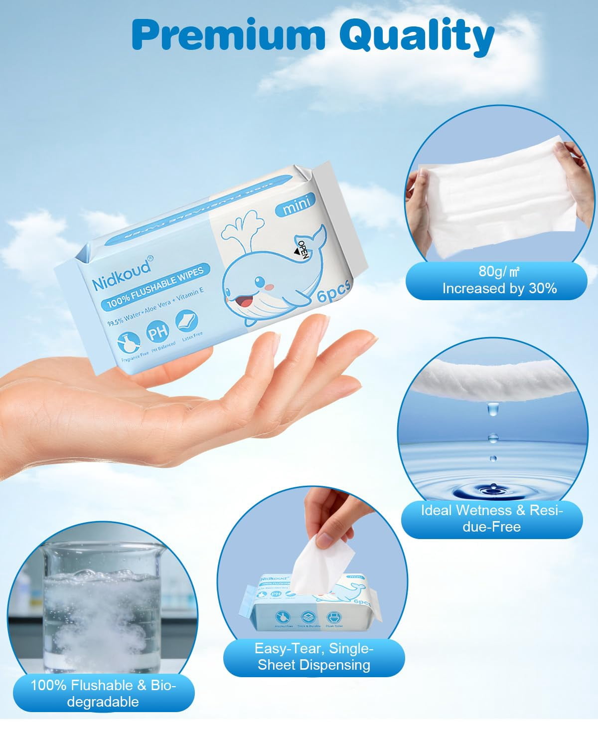 Travel Size Flushable Wipes, 40 Pack (240 Wipes) 99.5% Mini Water Wet Wipes Flushable Pack with e Vera for Sensitive Skin, Unscented Pocket Wipes for Adults, Travel Cleaning Essentials