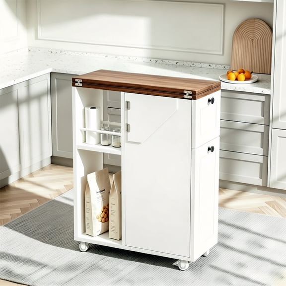 7.87" Narrow Rolling Kitchen Island on Wheels, Slim Mobile Kitchen Cart with Flip‑Top Countertop, Storage Cabinet & Drawer, Multi‑Use for Small Spaces, White
