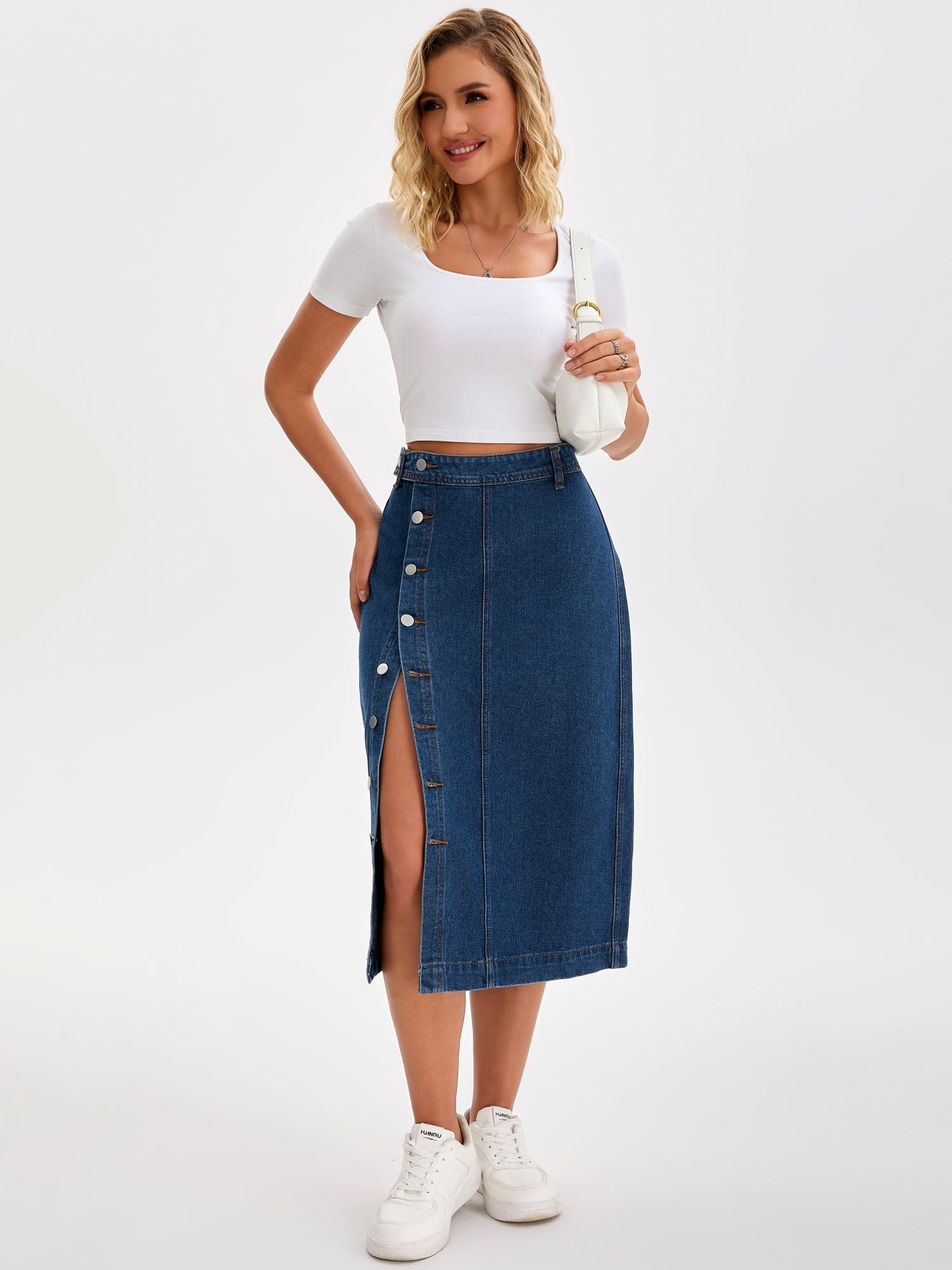 DARING DIVA Women's Denim Midi Skirt Button Up Slit Jean Skirts X-Large Dark Blue