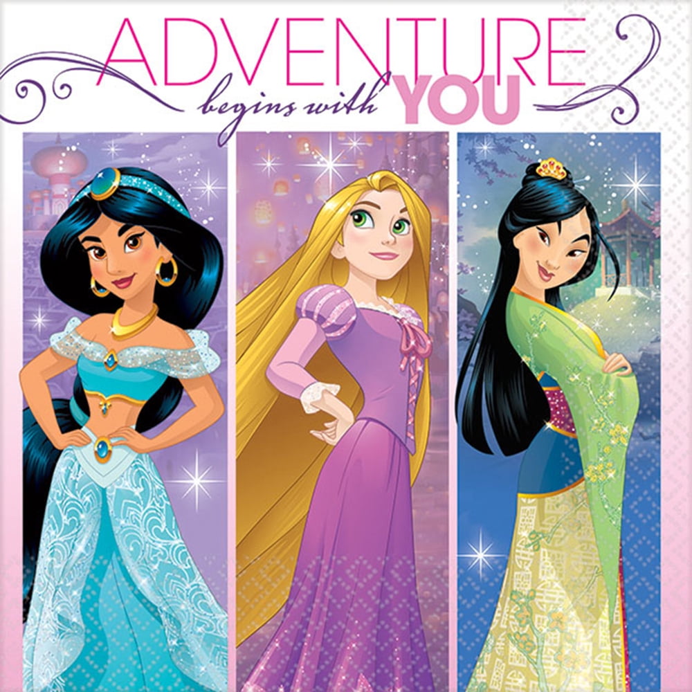 Disney's Princesses 'Adventure Begins with You' Jasmine, Rapunzel, and Mulan Beverage Napkins, 16 Count