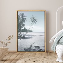 PixonSign Framed Canvas Wall Art Palm Trees on The Sandy Beach Coastal Landscape Photography Picture Print Blue and White Modern Art for Living Room, Bedroom, Office - 24"x36" Natural