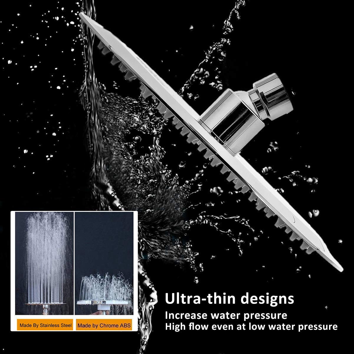 Rain Shower Head with 11 Inch Adjustable Arm, High Pressure Stainless Steel Rainfall Shower, Ultra-Thin Design, Pressure Boosting Chrome Finish