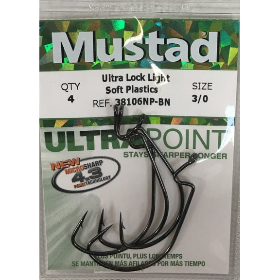Mustad Light Wire Ultra Lock Soft Plastics Hook (Black Nickel) - Size: 1/0 4pc