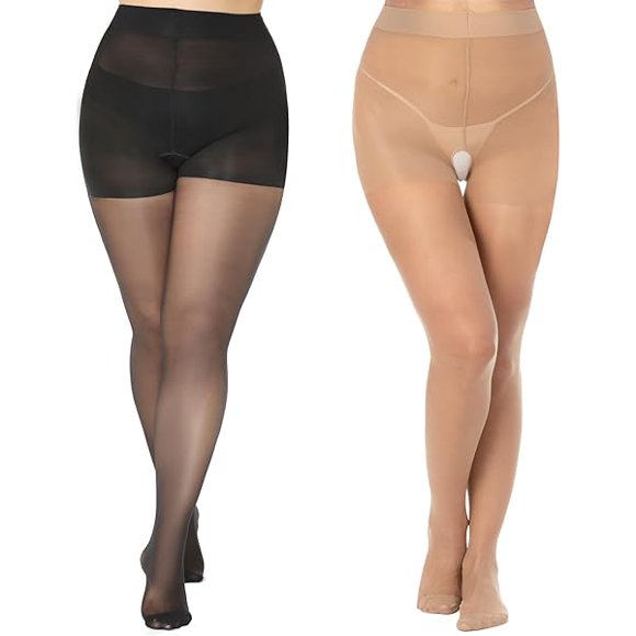 Chenchen Women's Plus Size Control Top Stockings 12D Gusset Free Sheer Tights Moderate Tummy Control Pantyhose for Curvy Women
