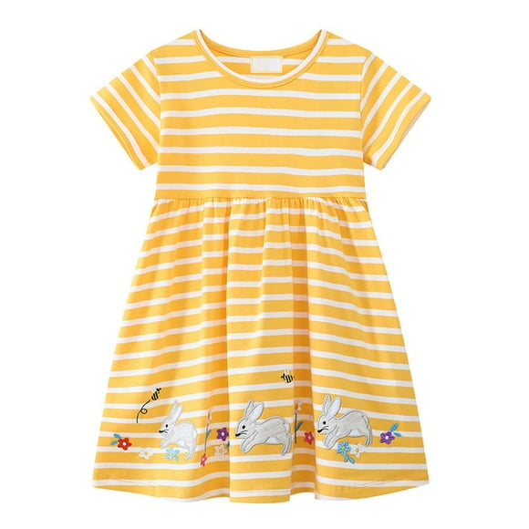 yoeyez Teen Dresses Summer Little Girls Cute Print Short Sleeve Sundress Round Neck Loose Striped Dress for Girls Beach Holiday Yellow,4 Years