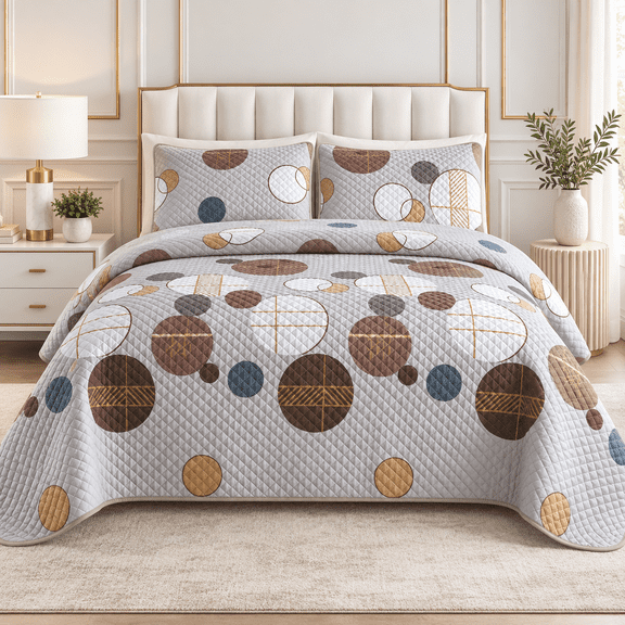 DBOZE Reversible Cotton Blend 3-Piece Embroidery Pattern Elegant Bedding Quilt Set with Embroidered Decorative Shams Soft Bedspread & Coverlet Set, Queen Size, Brown/White