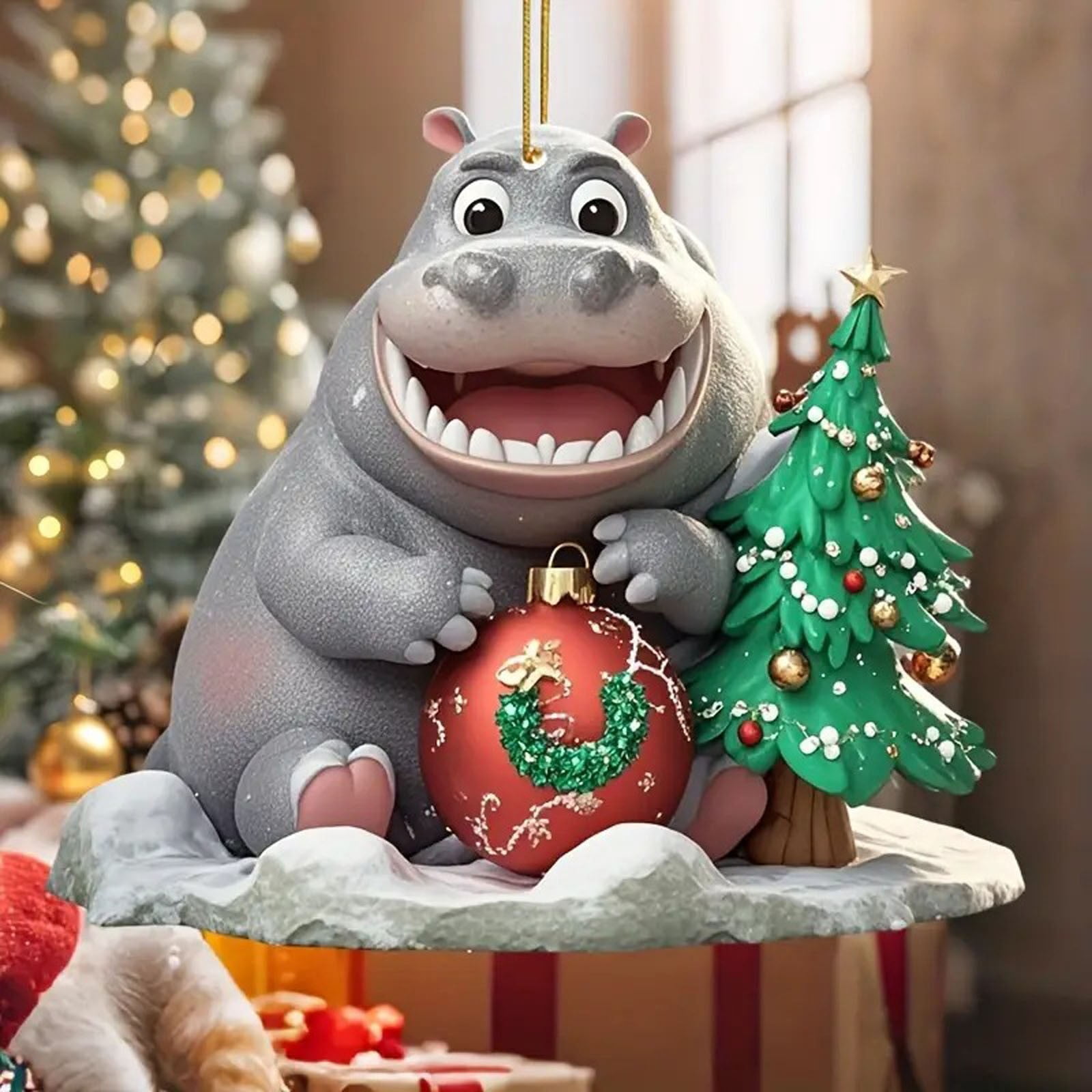 Christmas Hippo Car Ornament | Cute Acrylic Hanging Decoration | Flat Holiday Animal Design | Festive Home Decor Accent | Durable Clear Material | 1 Piece