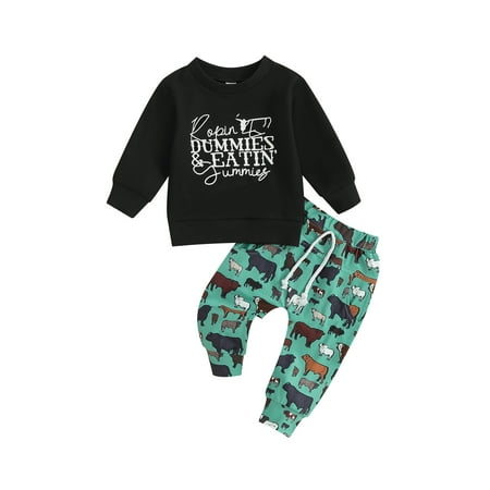 

Arvbitana Infant Baby Boys 2Pcs Western Clothes Letter Print Long Sleeve Pullover Tops + Cattle Pattern Pants Sets for Toddler Clothes 0M 6M 12M 18M 24M 2T 3T