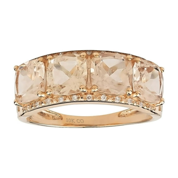 10k Rose Solid Gold 4-Stone Natural Cushion-cut Morganite and Diamond Anniversay Band Birthstone Gemstone Ring