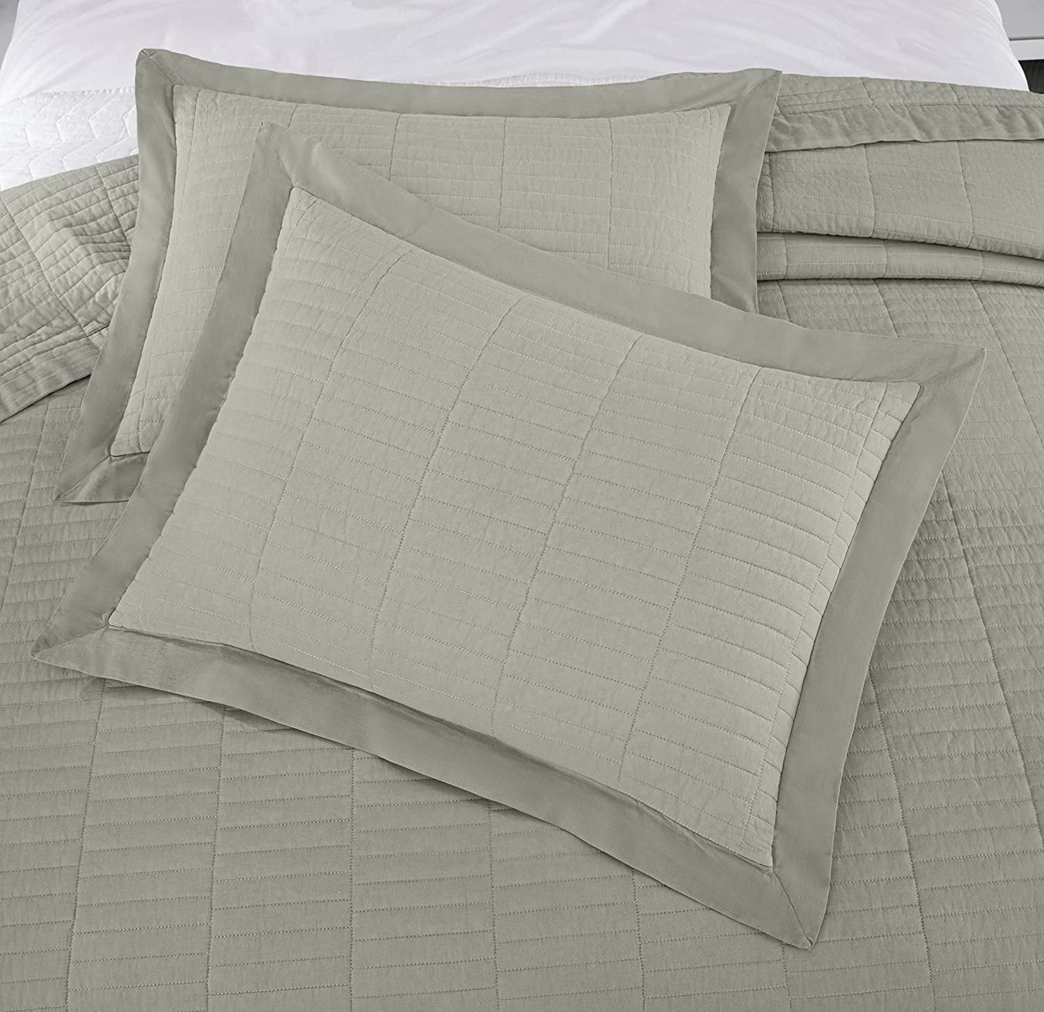Chezmoi Collection Yuma 3-Piece 100% Cotton Quilt Set Queen Size, Natural, Modern Geometric Rectangle Stitched Quilt Washed Cotton Bedspread Set for All Season