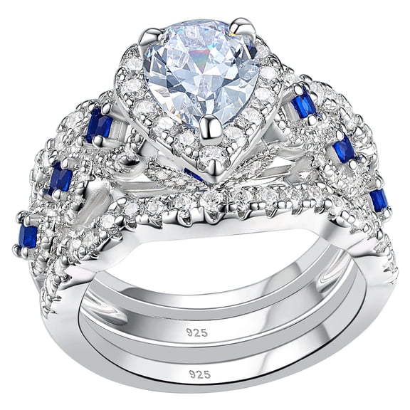 Newshe Jewellery Engagement Wedding Ring Set Rings For Women 925 Sterling Silver 3pcs 2.5ct Pear White Cz Blue Size 7