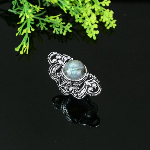 Natural Labradorite Gemstone Handmade 925 Sterling Silver Ring Size 6