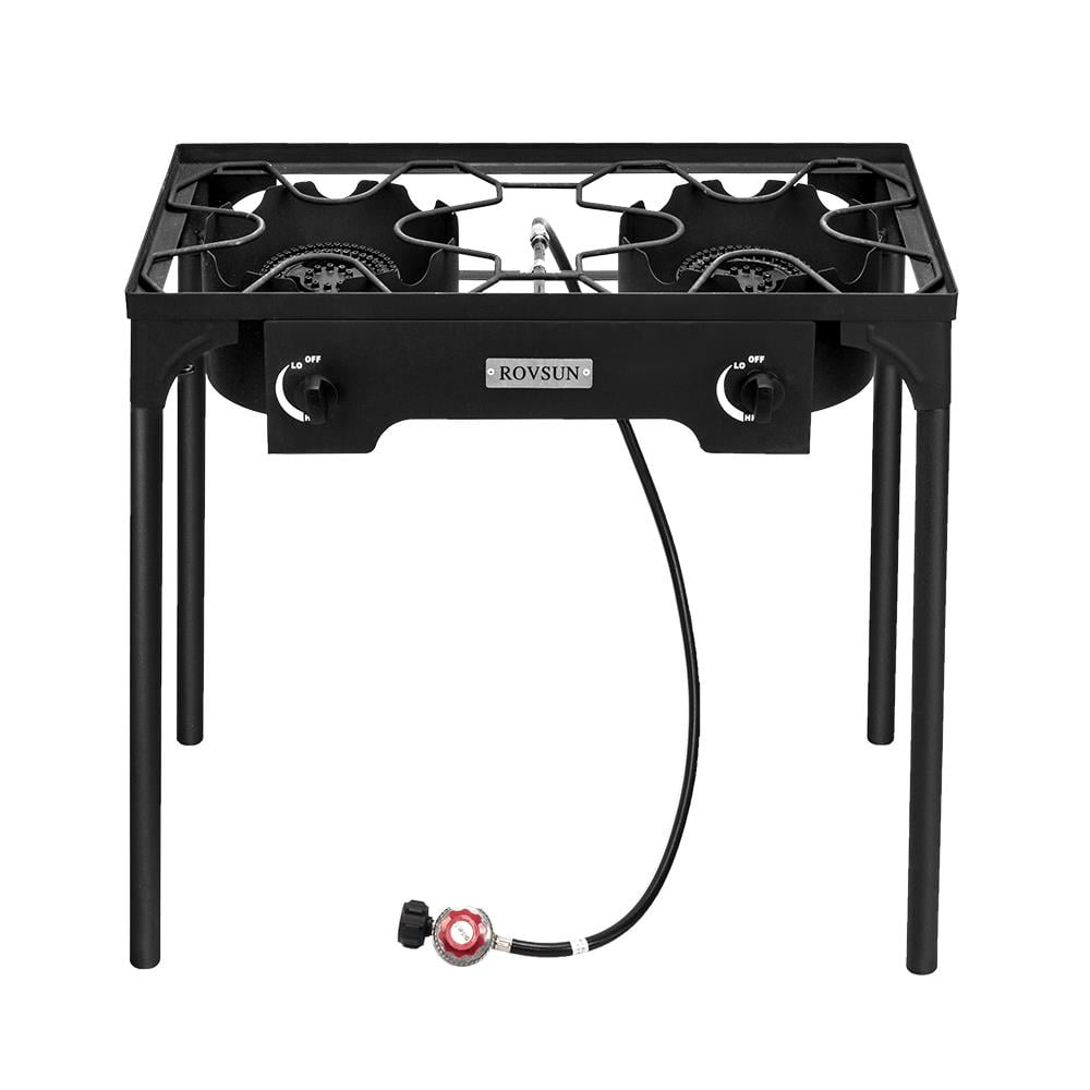 Black Barton Outdoor Camping Propane Double Burner Stove 2 Folding Cook Cooking Station Stand Picnic BBQ Grill 58,000 BTU 