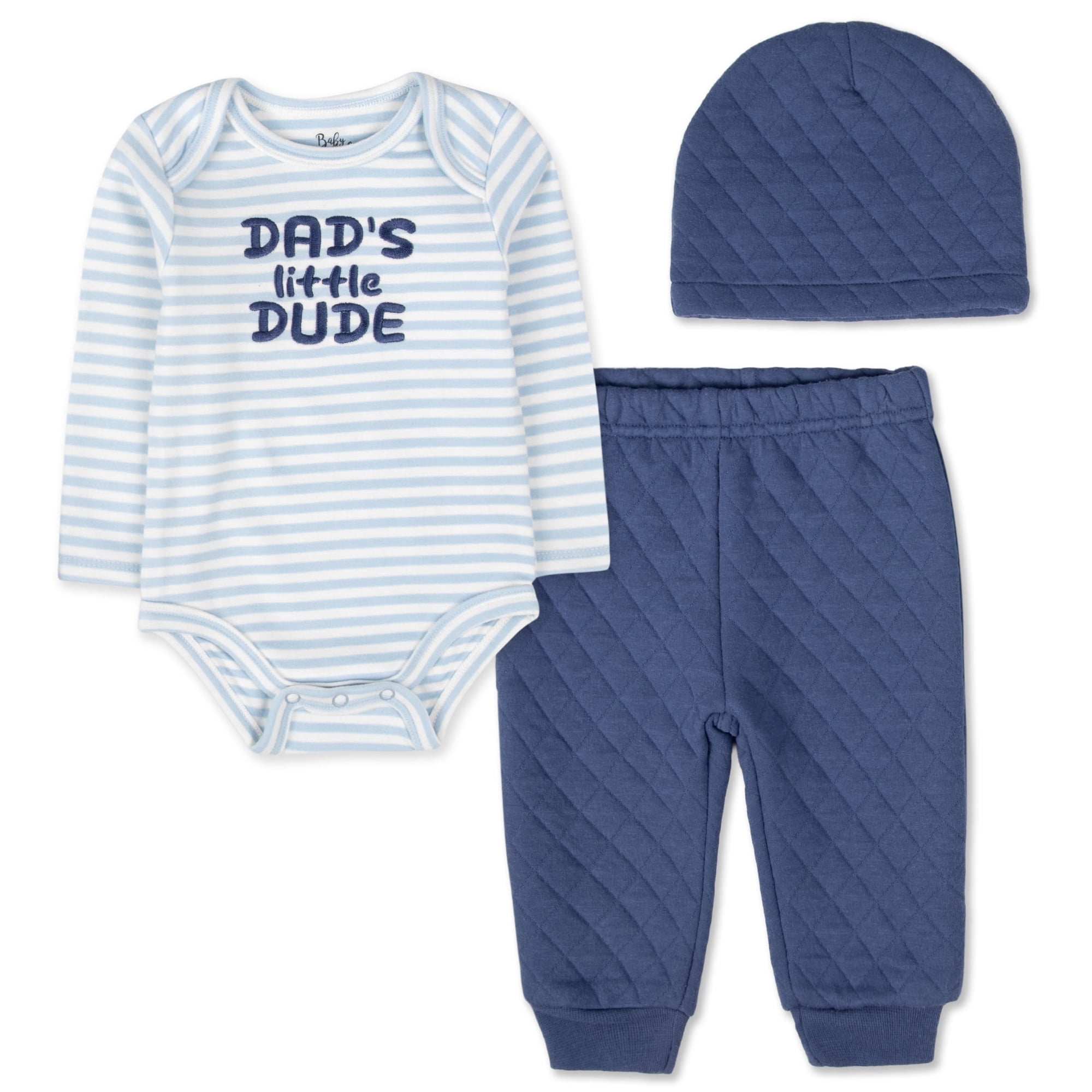 Baby Essentials Infant Boy 3 Piece Layette Set with Bodysuit, Quilted Jogger Pants & Hat – Cozy Fall & Winter Outfit (Blue Dad’s Little Dude, 3 months)