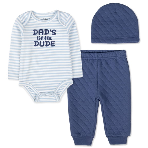 Baby Essentials Infant Boy 3 Piece Layette Set with Bodysuit, Quilted Jogger Pants & Hat – Cozy Fall & Winter Outfit (Blue Dad’s Little Dude, 3 months)