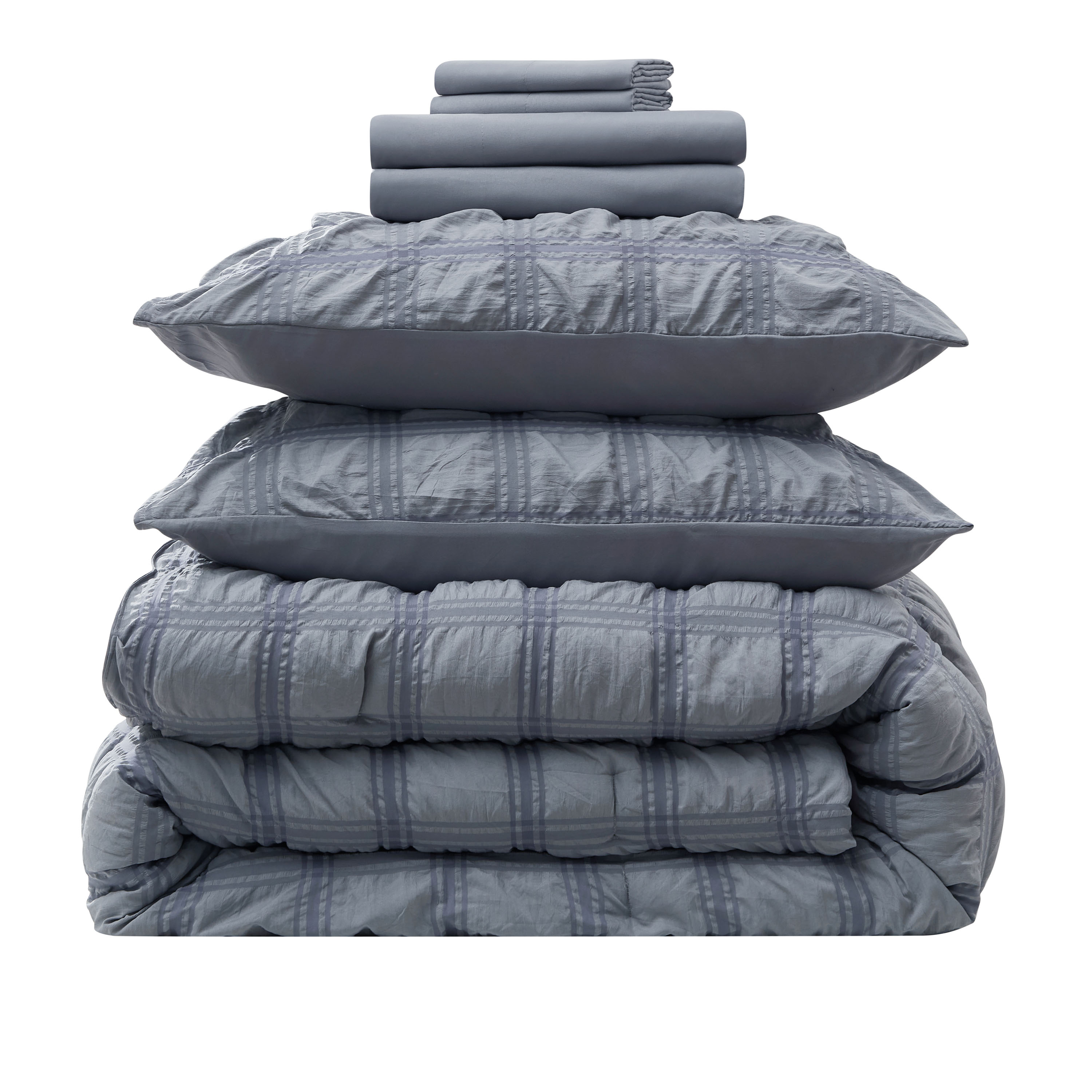 LammaLoe Queen Comforter Set, 7 Piece Seersucker Bed in a Bag, Bedding Comforter Set with Sheets, Modern Bed Set, Slate Blue