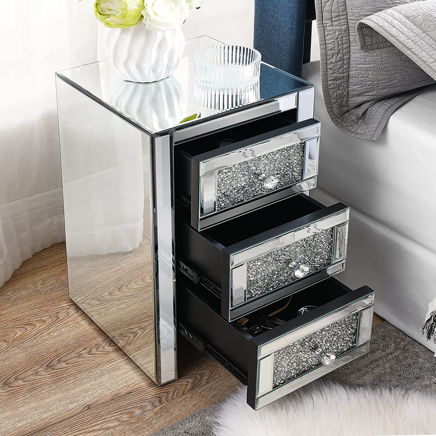 Alohappy Mirrored Nightstand with 3 Drawers Mirror and Crystal