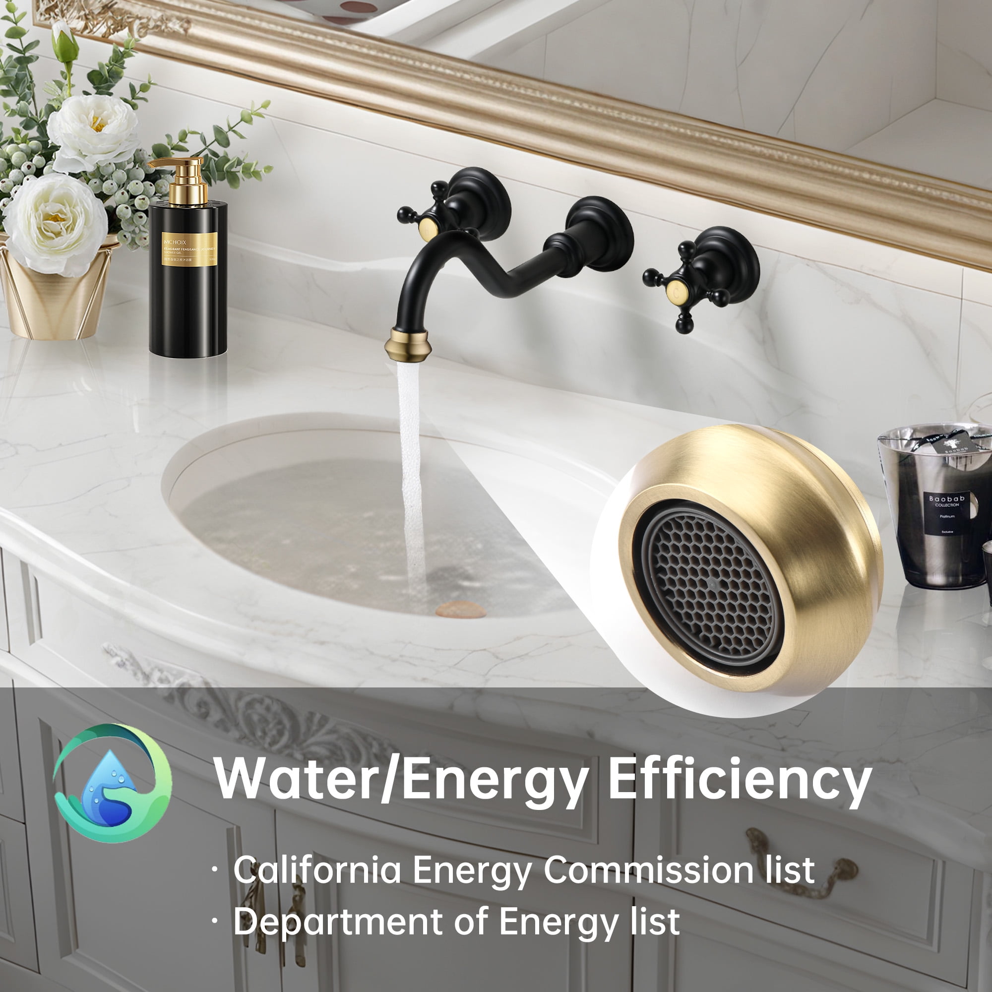 SUMERAIN Classic 3 Holes Wall Mount Bathroom Sink Faucet - Cross Handles Lavatory Basin Sink Faucet with Included Rough-in Valve-Black and Gold