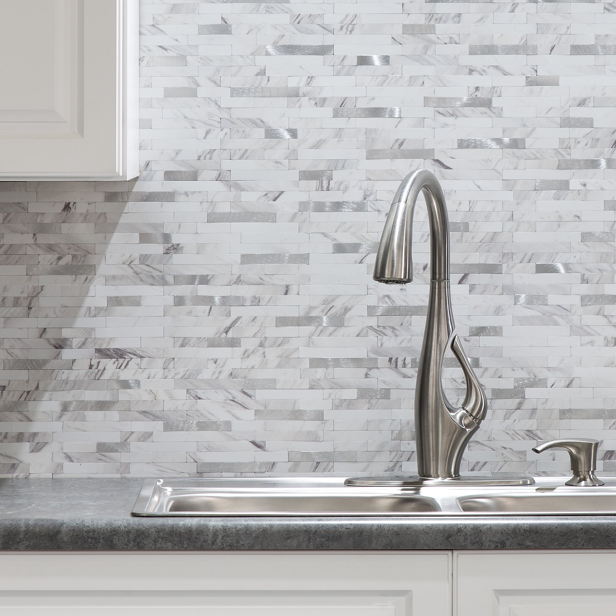 Aspect Collage 12in x 5.8in Peel and Stick Backsplash in Marble Shine (2pc per pack/5-Pack)