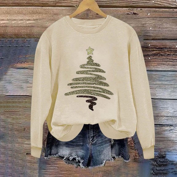 BXJX Women's Round Neck Christmas Print Sweatshirt- Winter Holiday Casual Loose Fit Christmas Pullover Tops Khaki Size XL