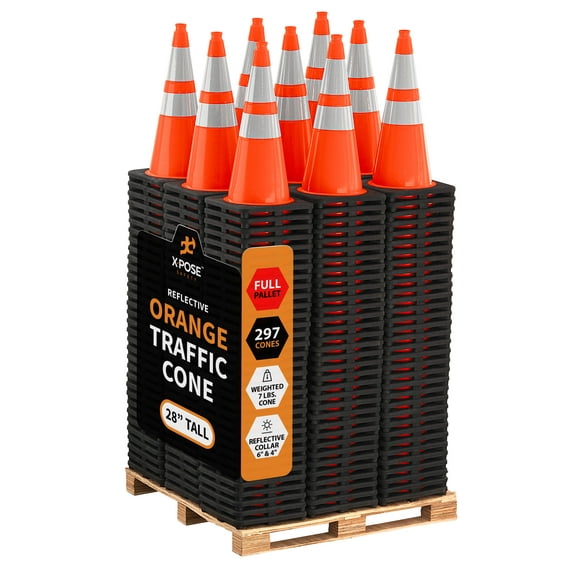 Xpose Safety 28 Inch Orange Traffic Cones with 6" & 4" Collars, 297-Pack - Multipurpose PVC Plastic Safety Cone for Parking, Soccer, Caution, Kids and Construction