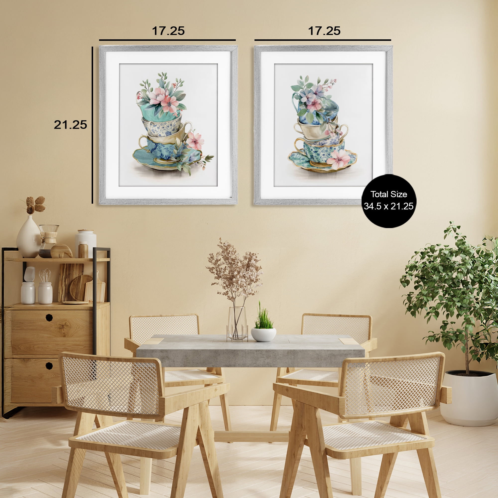 Stupell Industries Stacked Teacup Chinoiserie 2 Piece Gray Framed Print Under Glass Set, design by Kim Allen