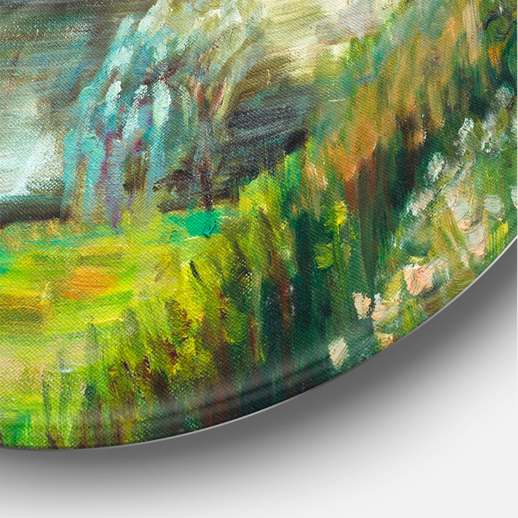 Designart 'Rustic Landscape With Bridge On The River' Lake House Circle Metal Wall Art 23x23 - Disc of 23