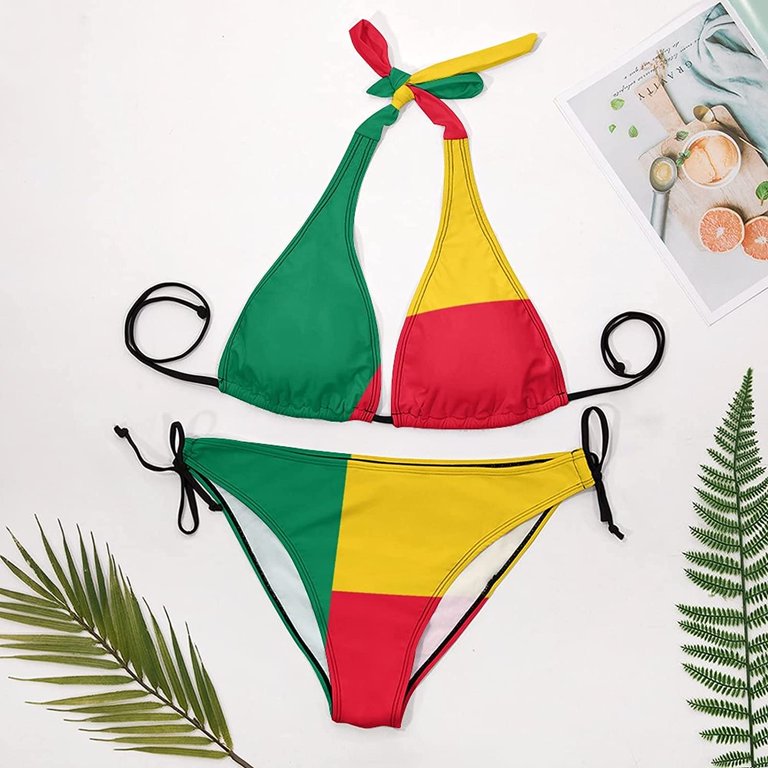 Benin Flag Women's Two Piece Swimsuit Neck Strap Halter Bikini Set Trendy V  Neck Bathing Suits 