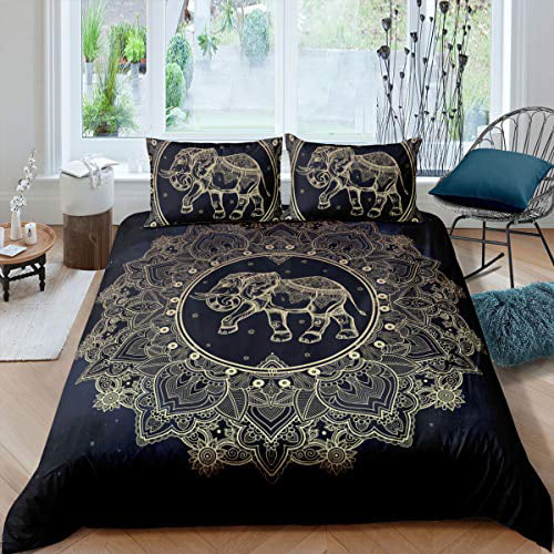 Blue Silver Lotus Indian Mandala Bohemian Queen Size Bed Sheet Set Pillow Cover 