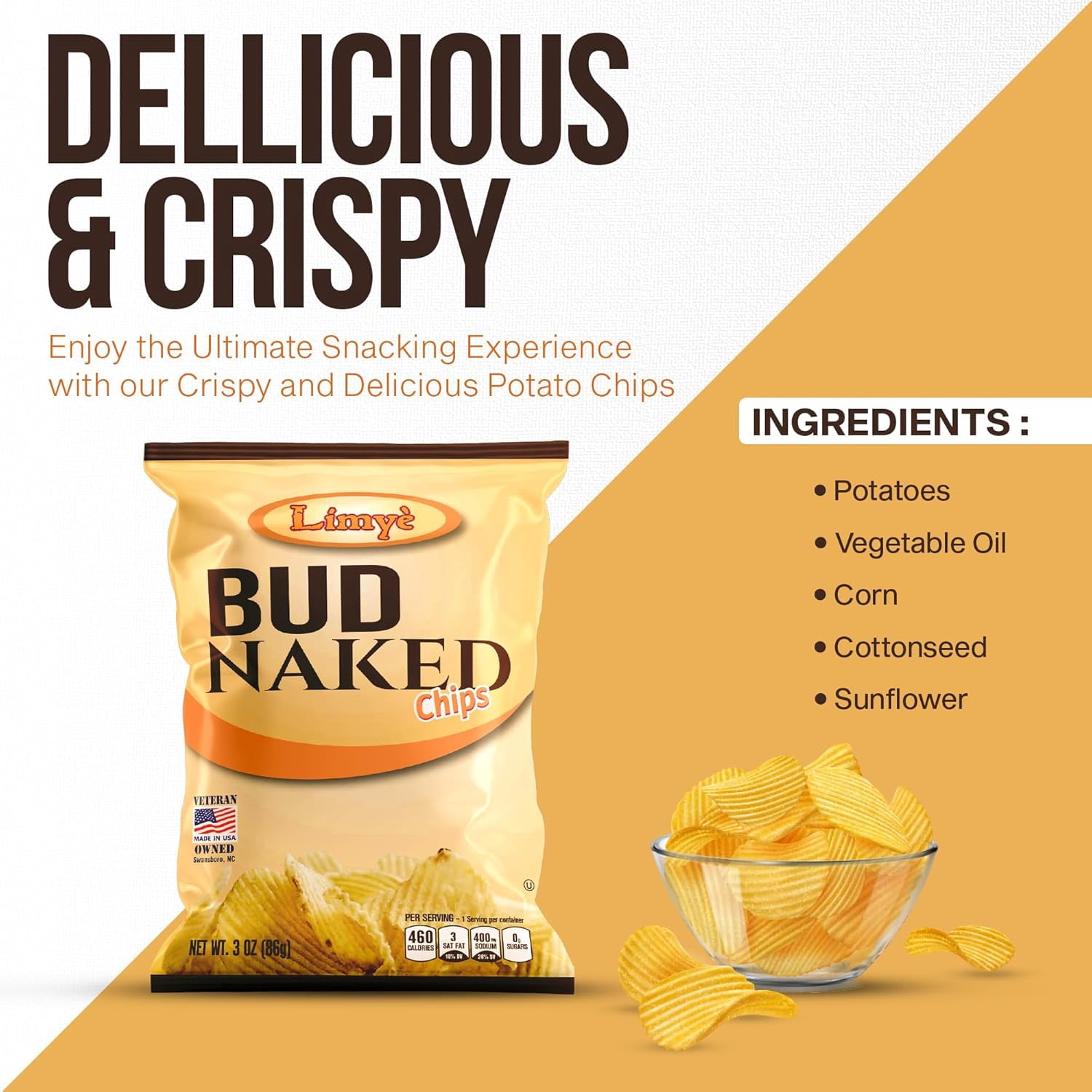 Limyè  Bud Naked Potato chips, Healthy Kosher Certified Snacks Variety packs - Salted Chips, No Artificial Flavors, Vegan Gluten Free Chips, 3 Oz bag (Pack of 8)