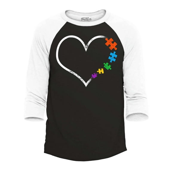 Shop4Ever Men's Autism Love Heart Puzzle Pieces Raglan Baseball Shirt Medium Black/White