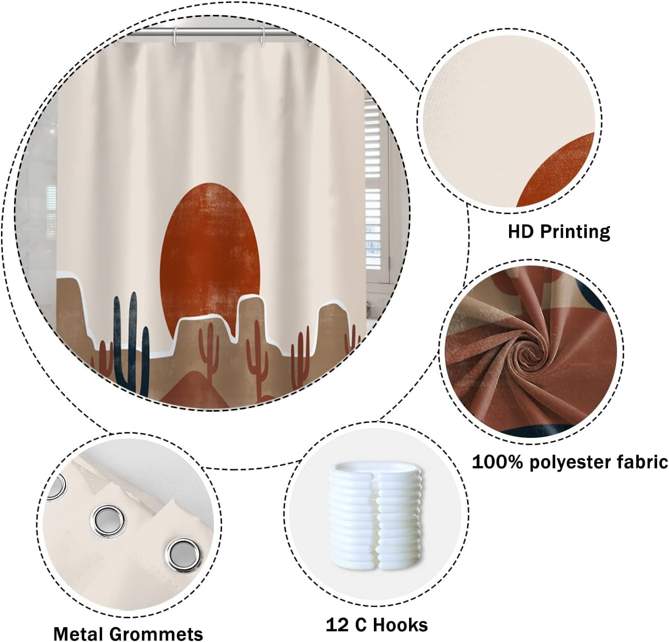 Abstract Mid Century Bohemian Bathroom Shower Curtain Desert Cactus Red Sun Shower Curtain with Hooks Waterproof Fabric Polyester Shower Curtain Modern Aesthetics Home Decorative, 36x72 Inch