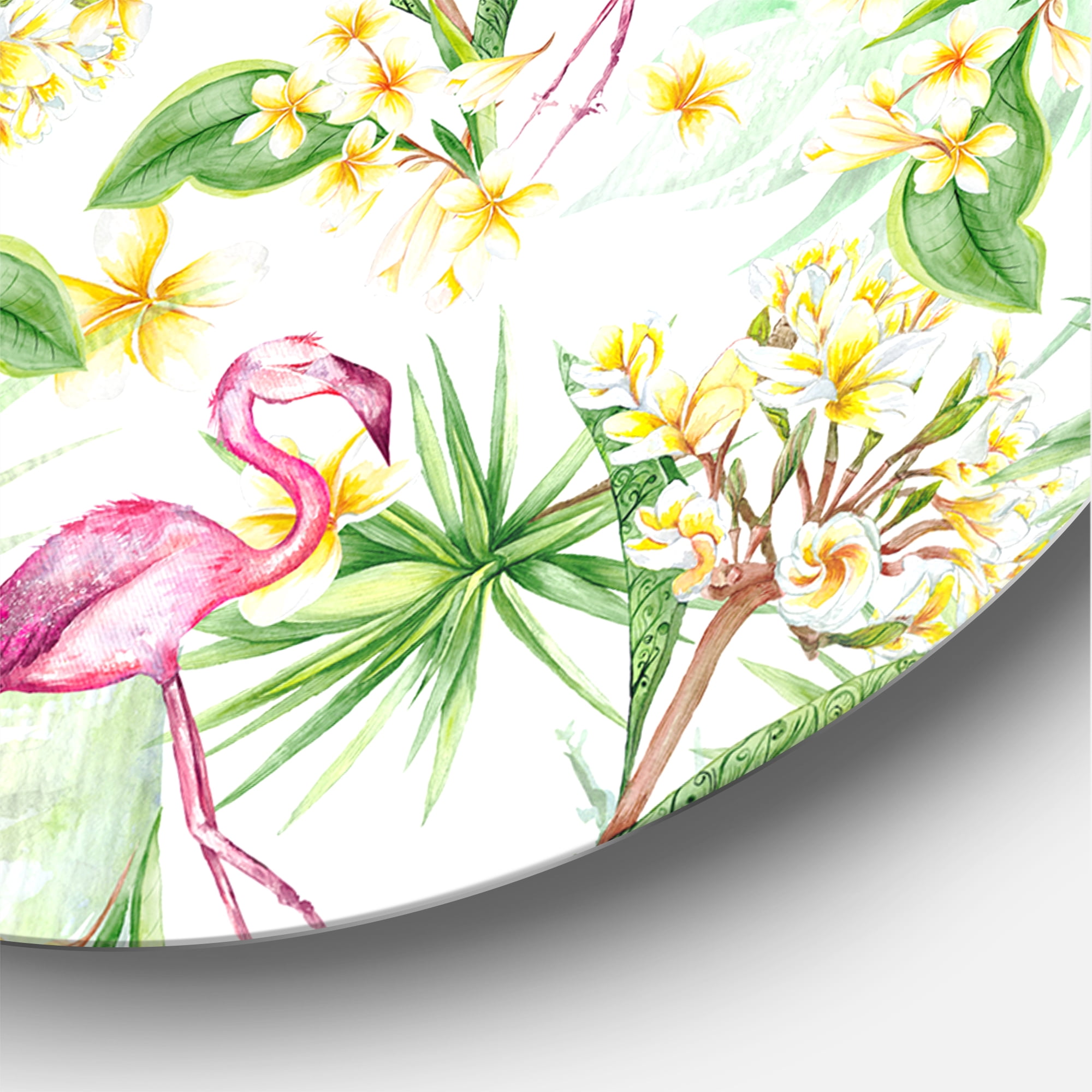 Designart 'Yellow Flowers, Tropical Foliage With Flamingo IV' Modern Circle Metal Wall Art 36x36 - Disc of 36