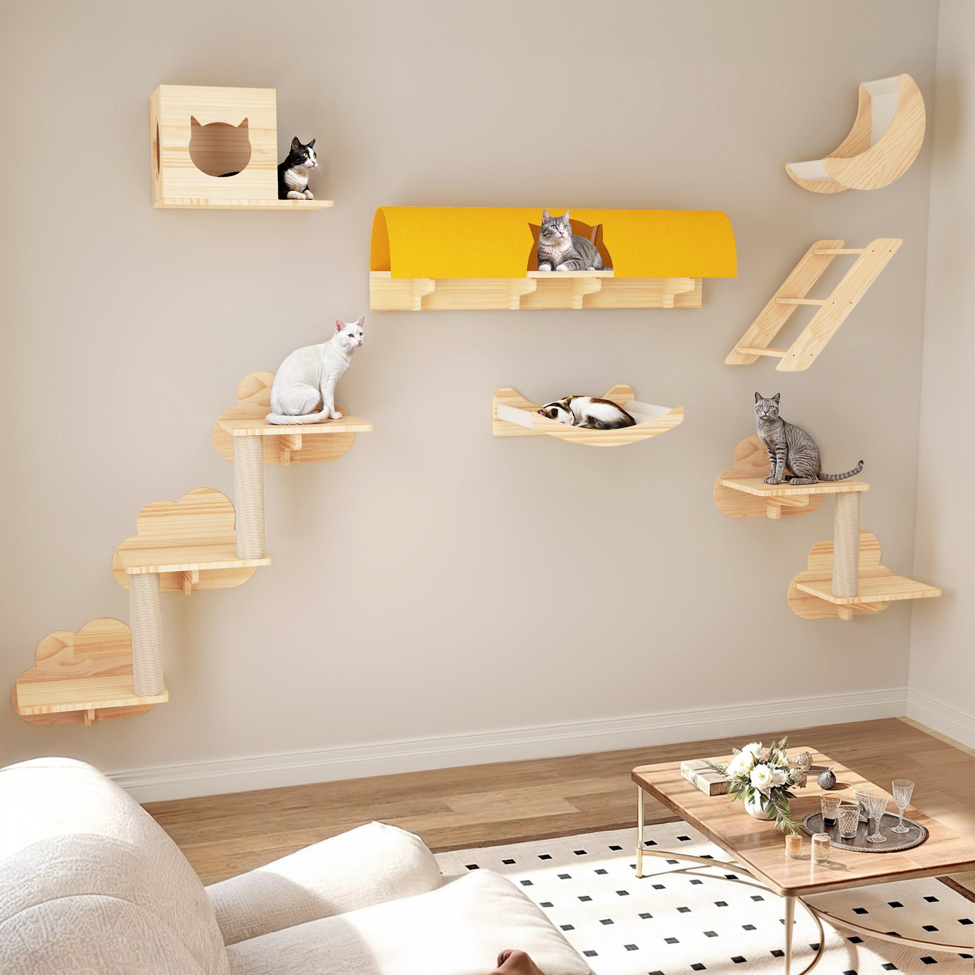 Homiflex Cat Wall Shelves Set, 13PCS Wooden Cat Wall Furniture with Tunnel/House for Multiple Cats