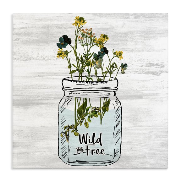 Stupell Industries Farmhouse Wild and Free Yellow Flowers in a Mason Jar Canvas Art, 30 x 30, by Kim Allen