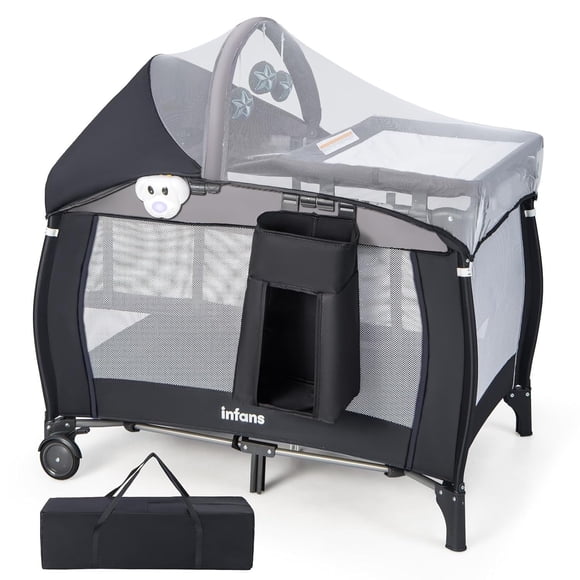 INFANS4 en 1 Parc, Parc de Voyage Portable pour Bébé avec Berceau, Table à Langer, Auvent, Moustiquaire, Jouets Suspendus, Boîte à Musique, Sac de Rangement, Grand Parc pour Nouveau-Nés Jusqu'aux Tout-Petits
