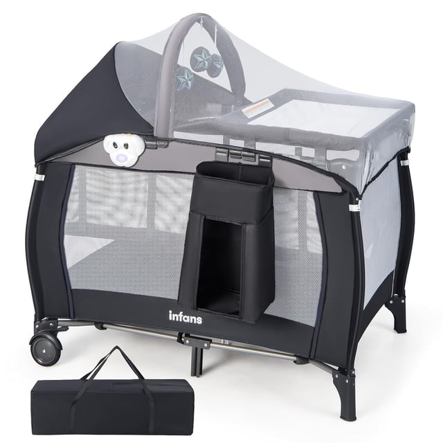 INFANS4 in 1 Pack and Play, Portable Travel Baby Playard with Bassinet, Changing Table, Canopy, Mosquito Net, Hanging Toys, Music Box, Storage Bag, Large Playpen from Newborn to Toddlers