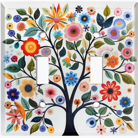 Metal Light Switch Wall Plate Outlet Cover (Printed Image of Folk Art Tree - Double Toggle)