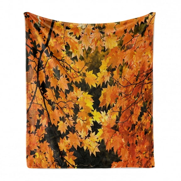 Fall Soft Flannel Fleece Throw Blanket, Vibrant Leaves of Autumn Maple Tree Branches with Sunbeams Seasonal Nature, Cozy Plush for Indoor and Outdoor Use, 50" x 70", Orange Yellow Brown, by Ambesonne
