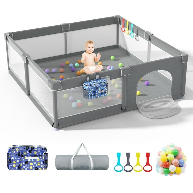Parque infantil LUTIKIANG Baby de 200 x 180 cm con puertas y bolas oceánicas, color gris