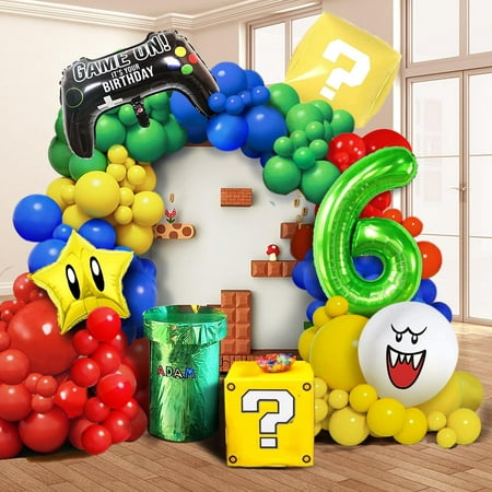 109PCS Red Blue Yellow RE32Green Balloon Garland Arch Kit with and Question Mark Block Balloon King Boo balloon Super Star Balloons and for Video Game Mario Theme 6th Birthday Party Decorations