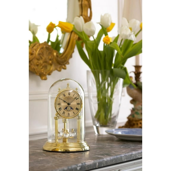 Elegant Desk Clock with Polished Brass , Floating Dial & Revolving Pendulum